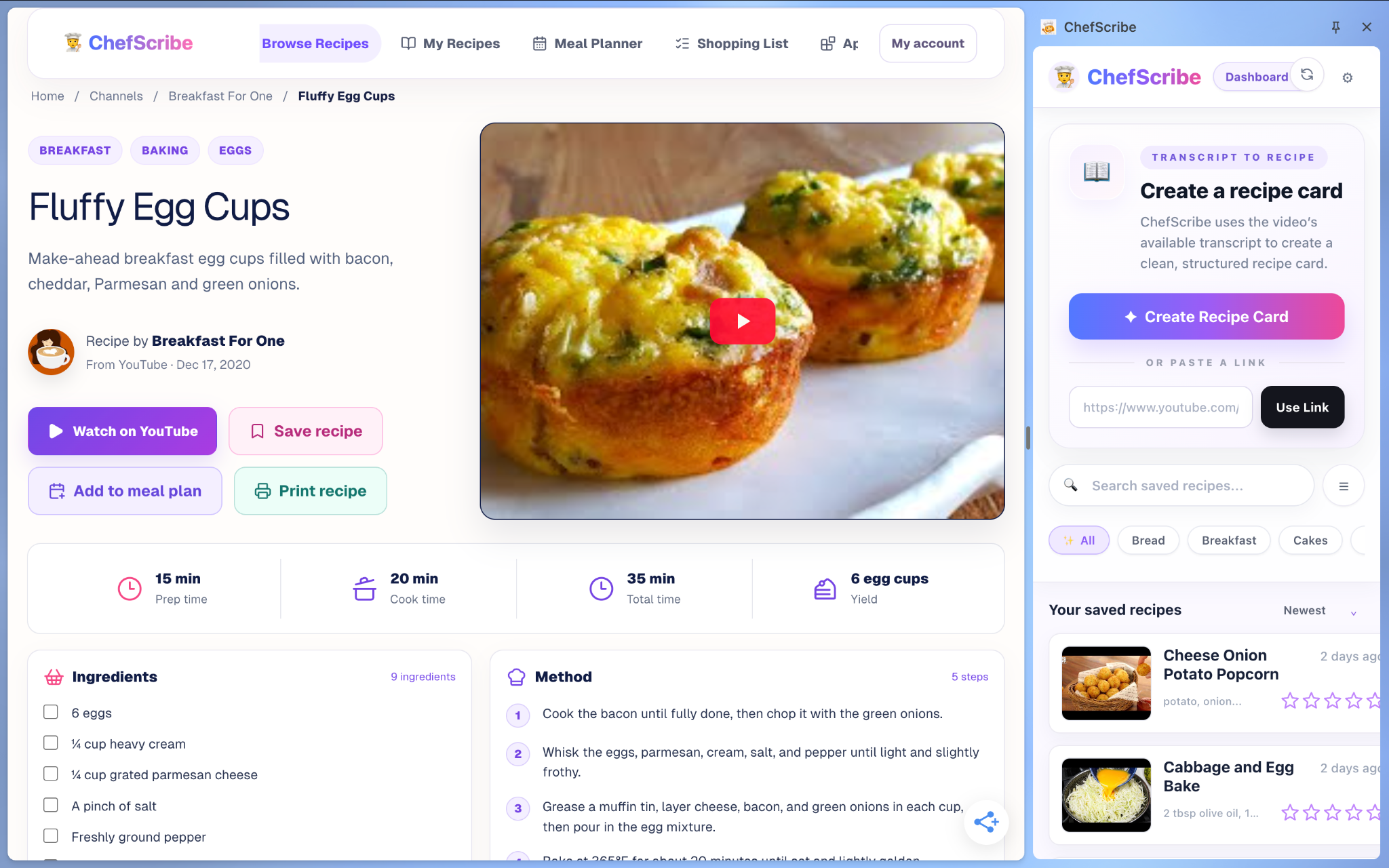 ChefScribe extension beside a YouTube cooking video