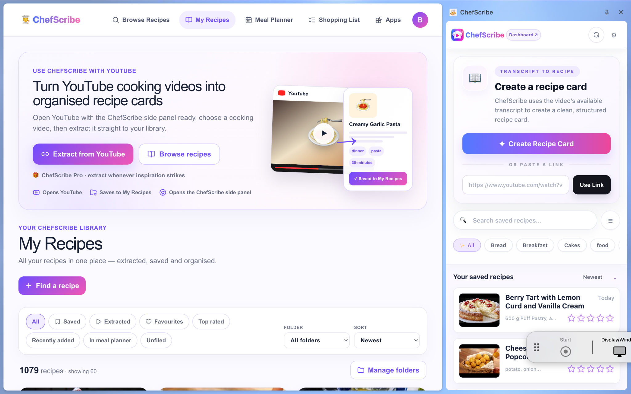 ChefScribe saved recipe library