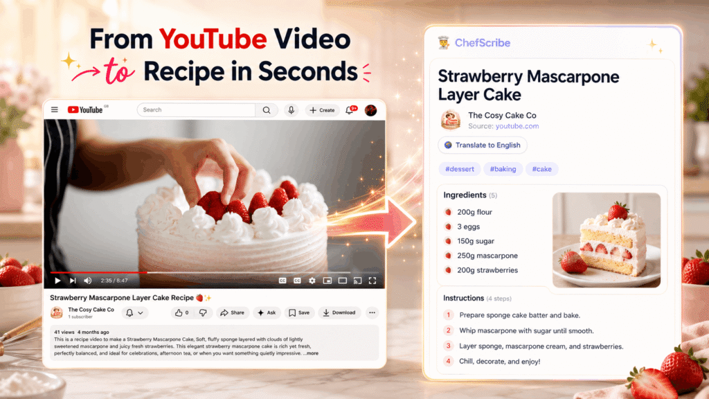 YouTube cooking video being turned into a clean ChefScribe recipe card with ingredients and step-by-step instructions