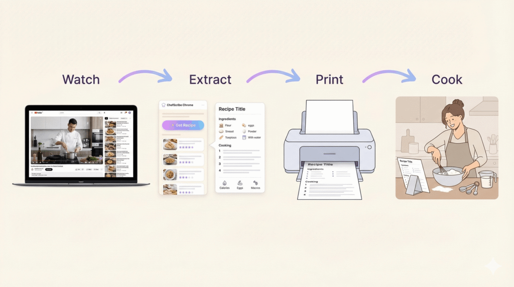 illustration showing an image to represent the process recipe-extraction-print-cook