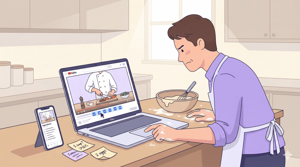 illustrated frustrated man rewinding youtube videos