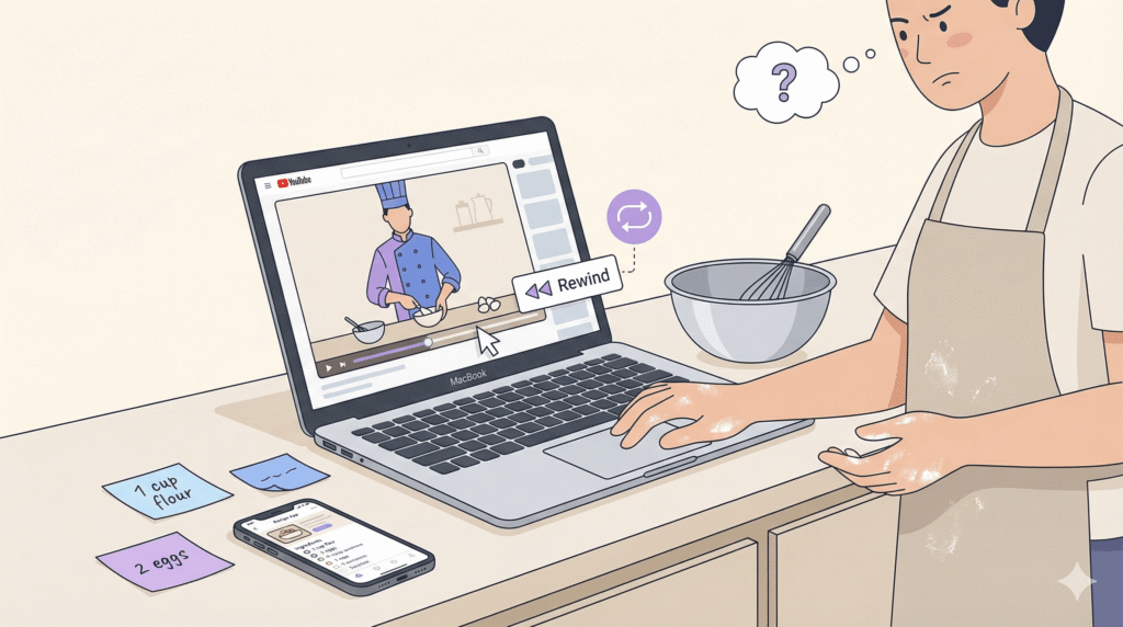 illustrated man struggling to figure out recipe on youtube