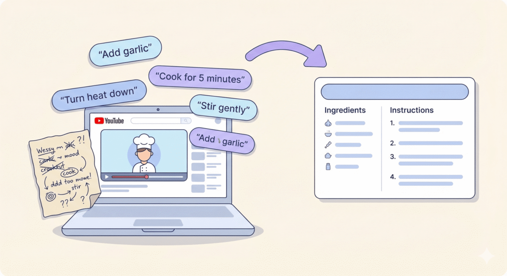 cartoon image of information being organised from a youtube into chefscribe as a formatted recipe