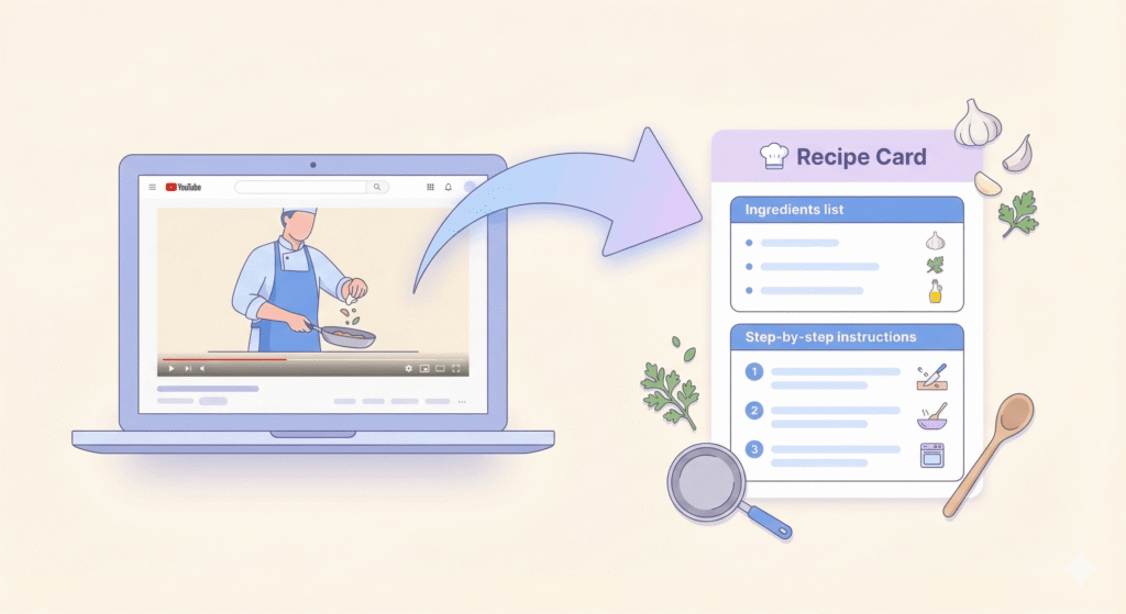 cartoon image of youtube video being turned into recipe card