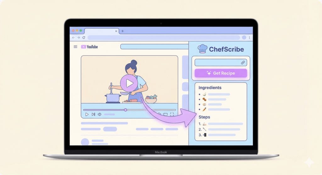 illustration image of latop open with youtube cooking video and chefscribe showing recipe