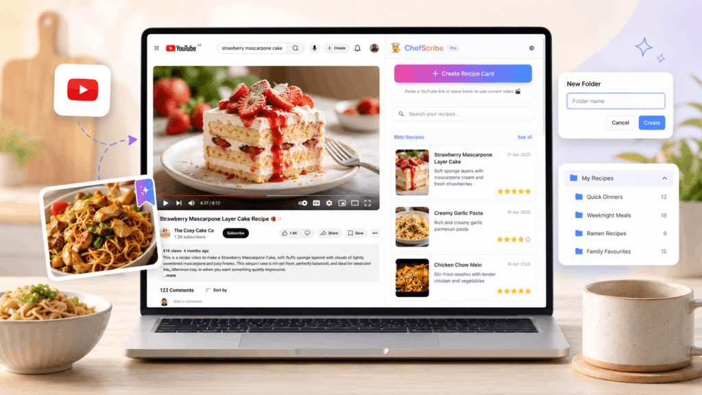 ChefScribe extension turning a YouTube cooking video into an organised recipe card library