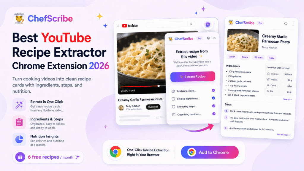 ChefScribe YouTube recipe extractor Chrome extension turning a cooking video into a recipe card
