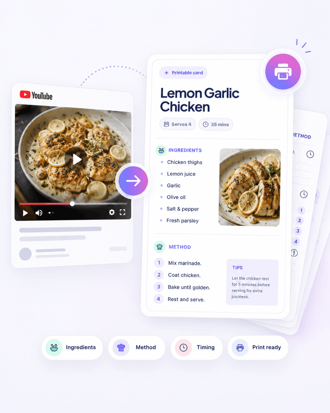 Illustration showing a YouTube cooking video turning into a printable recipe card.